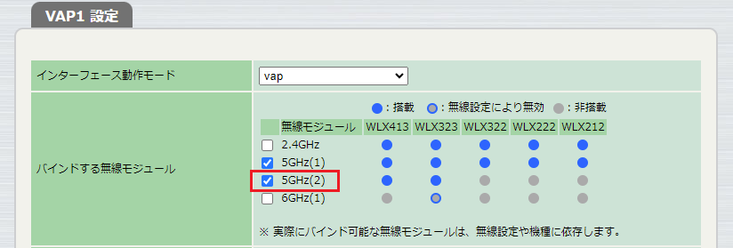 VAP N 設定: バインドする無線モジュール 5GHz(2)