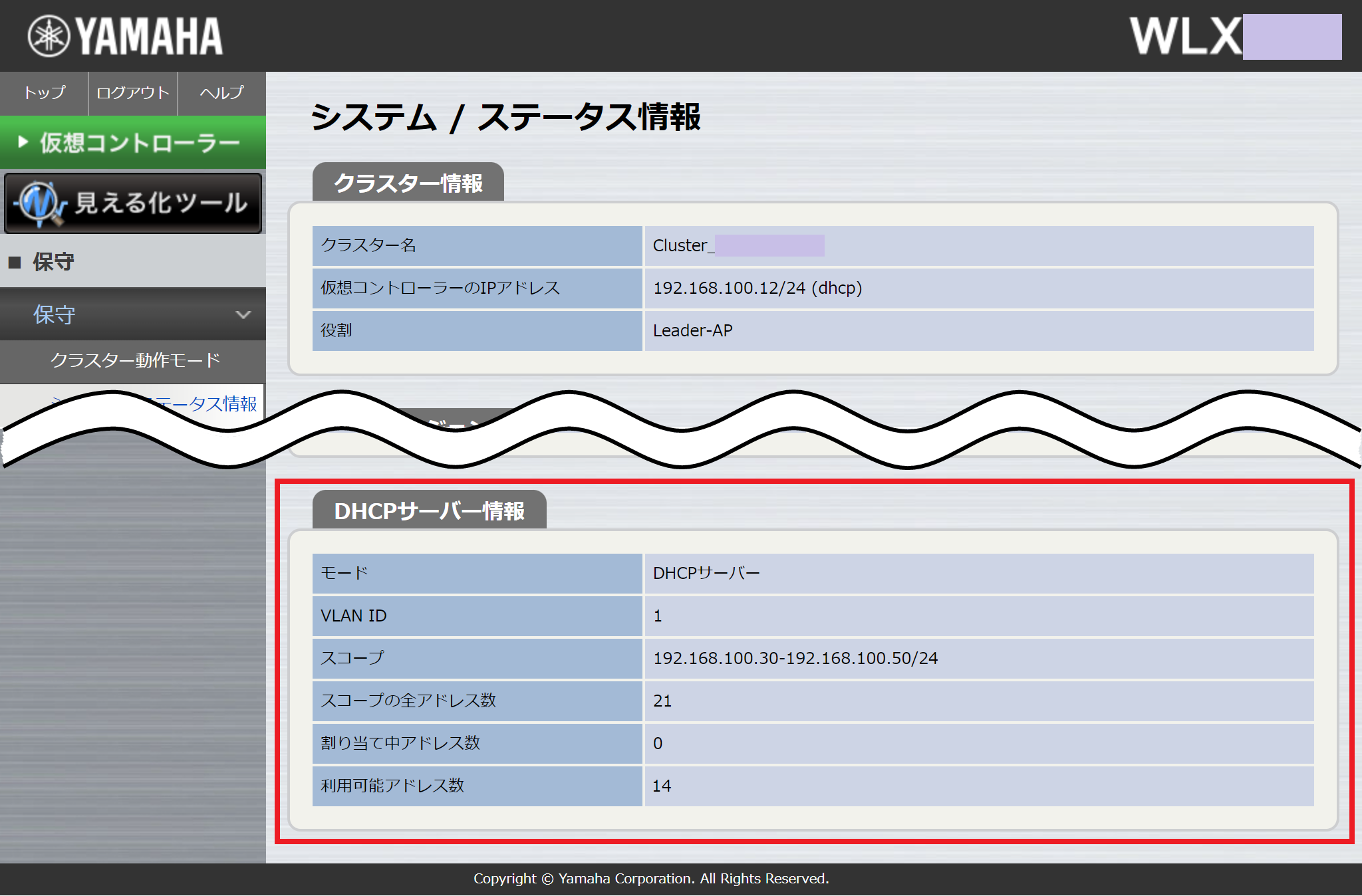 システム / ステータス情報（サーバーで動作するとき）