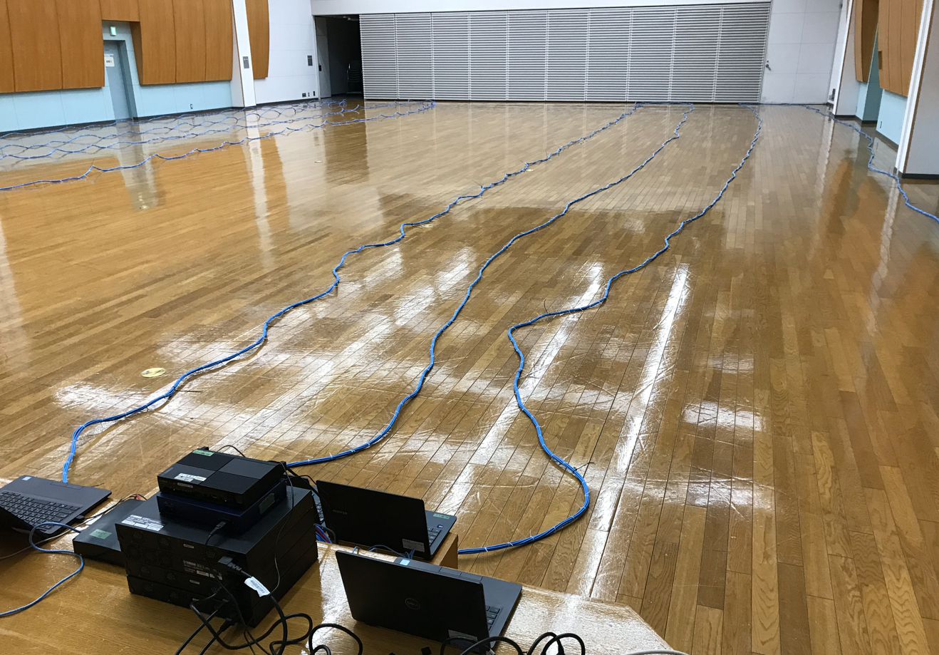 試験風景（100mの6-around-1ケーブルを伸ばした状態）