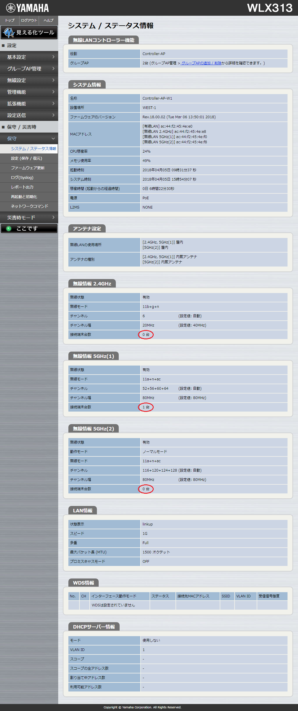 保守 - システム / ステータス情報