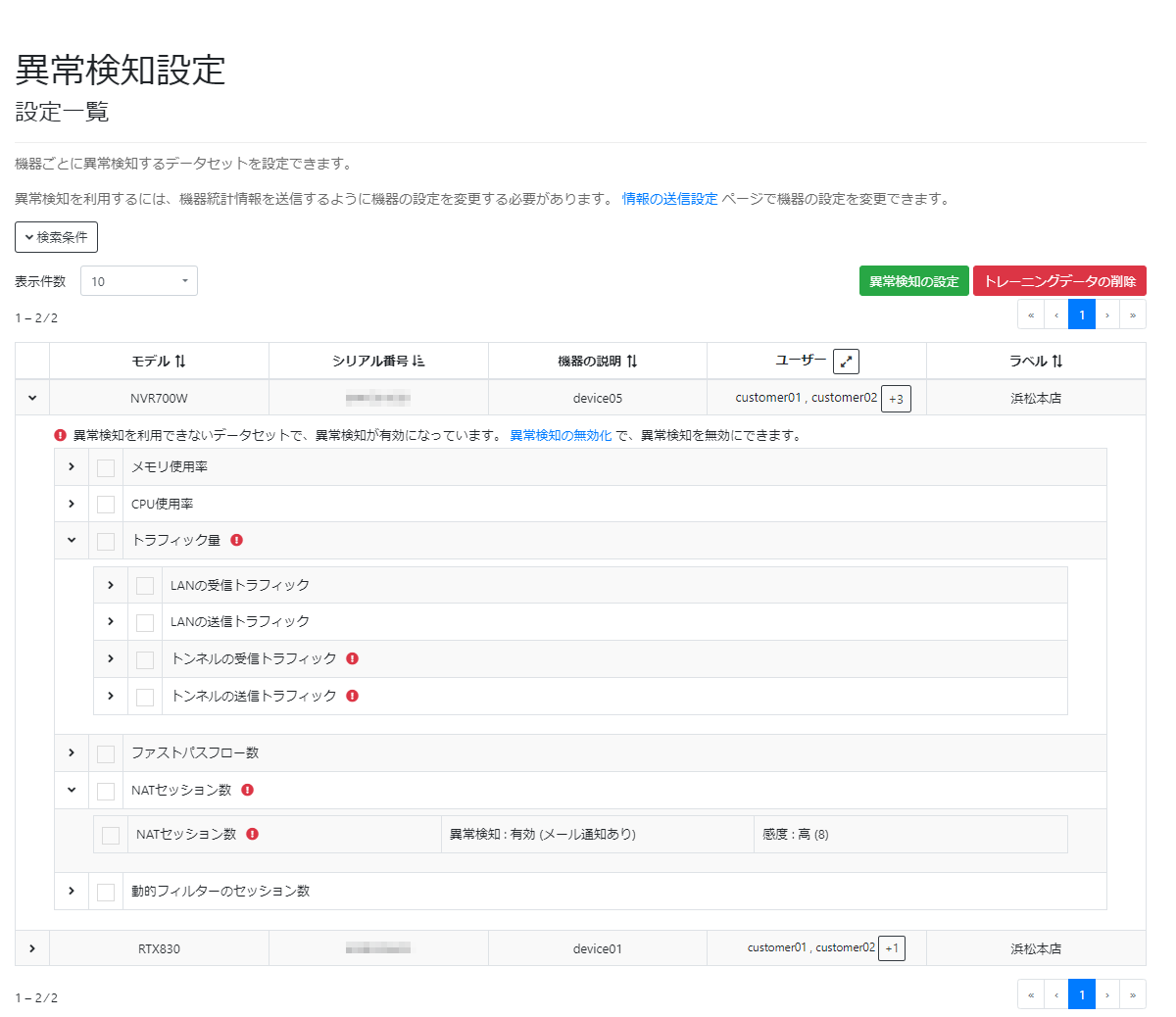 異常検知を利用できないデータセットの設定を無効にする_メッセージ