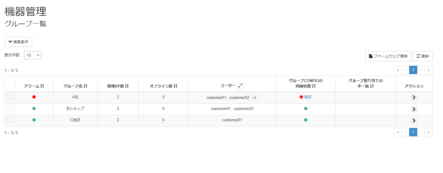 グループCONFIGの同期状態を確認する_グループ一覧画面