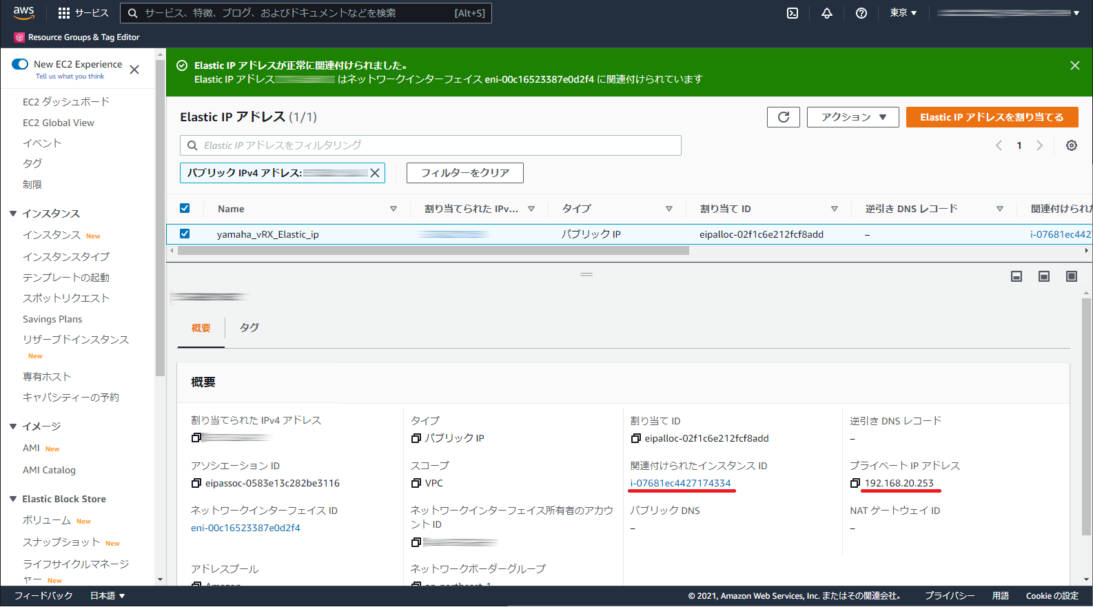 Elastic IP アドレスの関連付けの確認